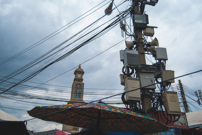 Low angle view of electricity pylon against sky