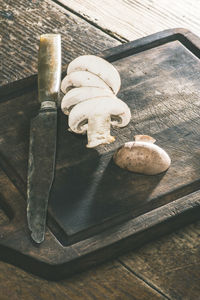 High angle view of mushrooms on table