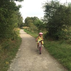 Rear view of woman riding bicycle on road