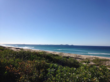 Scenic view of sea against clear blue sky