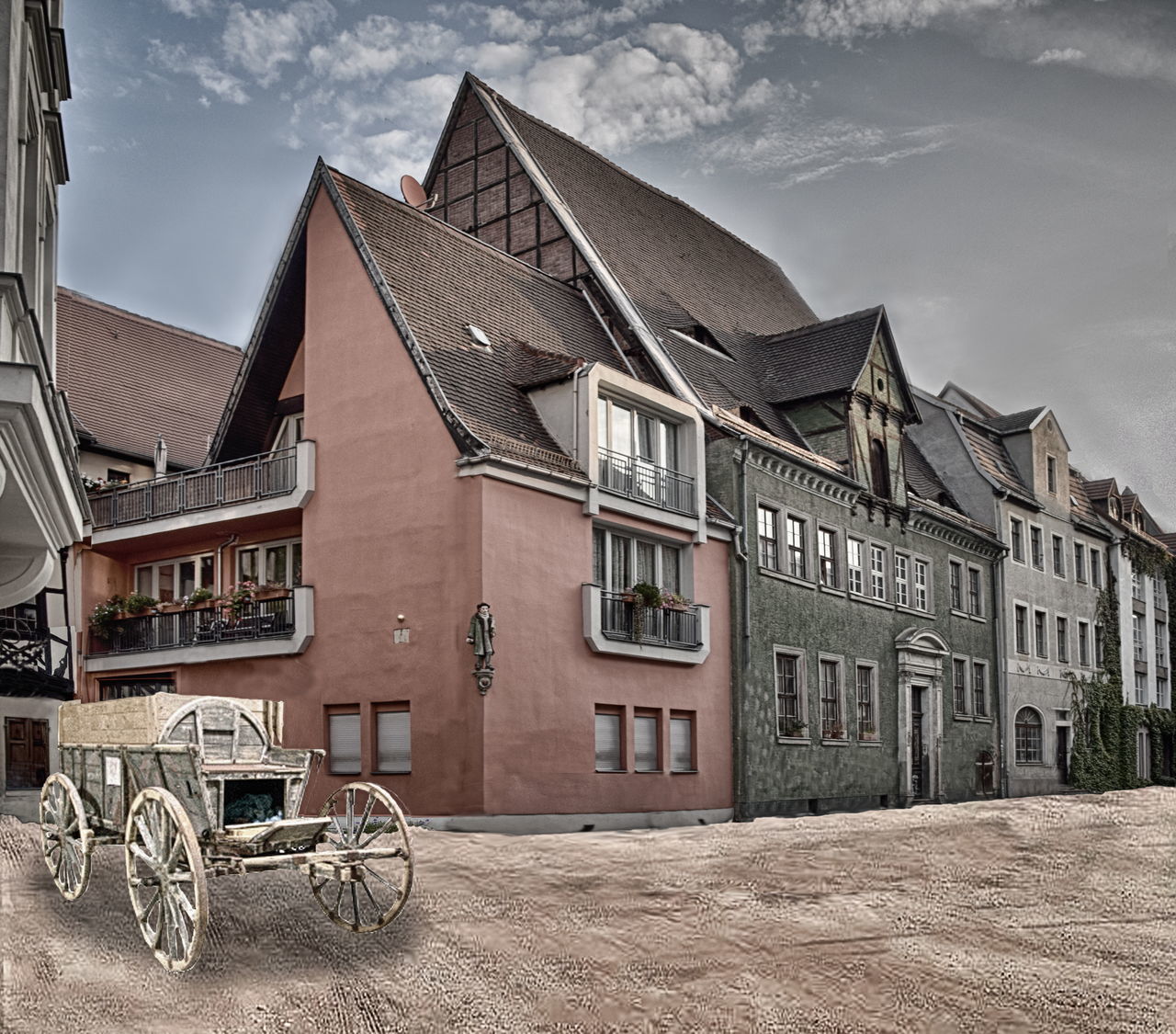 built structure, building exterior, architecture, building, sky, cloud - sky, residential district, transportation, house, city, nature, day, no people, outdoors, street, window, mode of transportation, old, bicycle, the past, row house, wheel