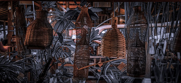 Close-up of wicker basket hanging for sale