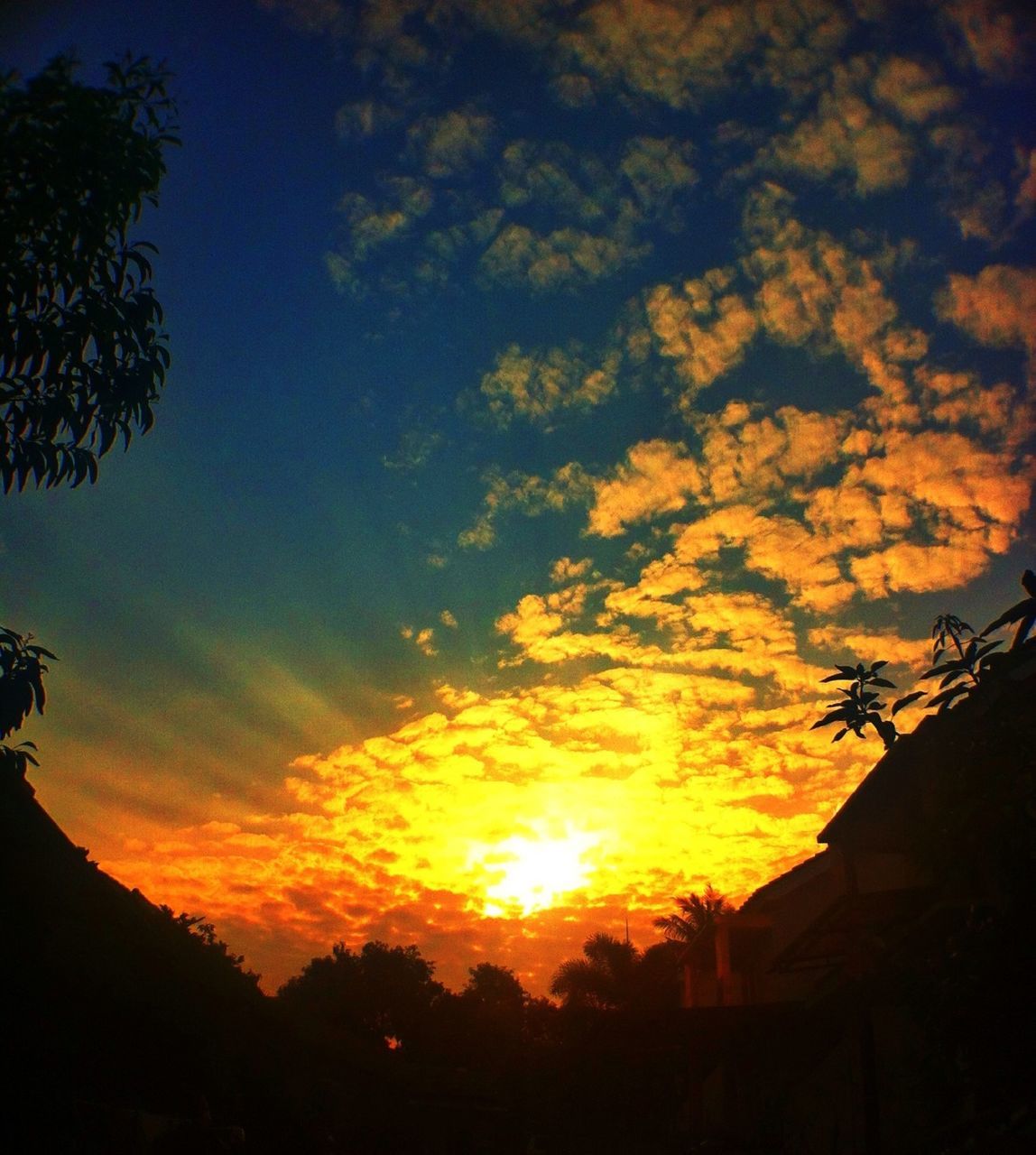 sunset, silhouette, sky, orange color, beauty in nature, built structure, tree, cloud - sky, scenics, low angle view, architecture, building exterior, tranquility, nature, tranquil scene, house, cloud, idyllic, dramatic sky, outdoors