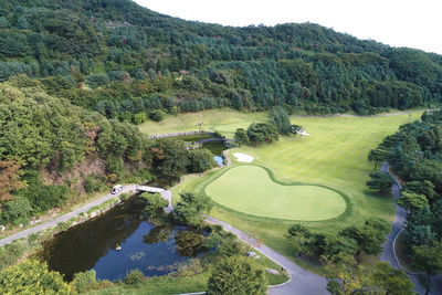 High angle view of golf course by lake