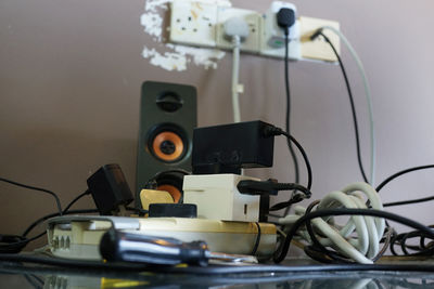 Close-up of cables on table