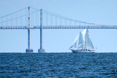 Sailboat sailing on sea against clear sky