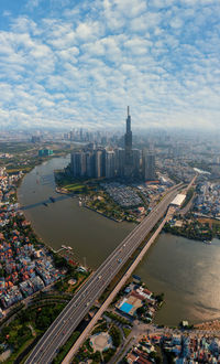 Vertical panorama photo of downtown ho chi minh city in morning