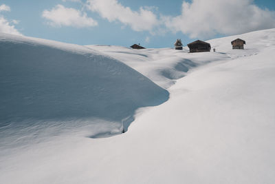 Scenic view of snow covered land against sky