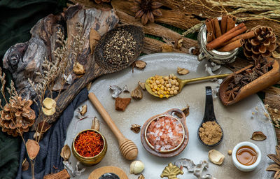 High angle view of spices on table