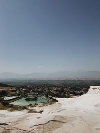 High angle view of land against clear sky