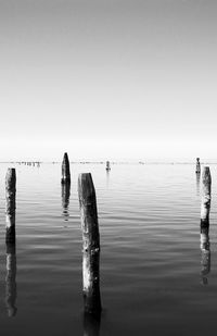 Wooden posts on beach against clear sky