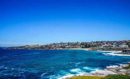 Scenic view of sea against clear blue sky