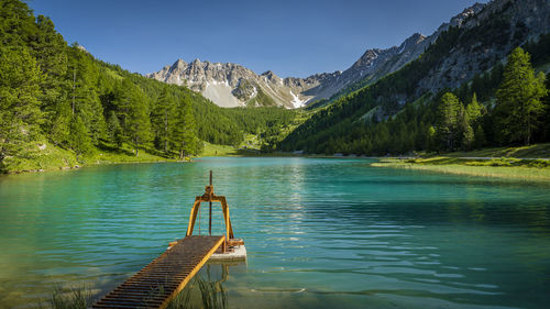 Scenic view of lake and mountains against sky