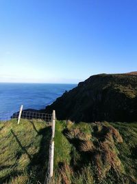 Scenic view of sea against clear blue sky