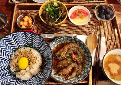 High angle view of various food on table