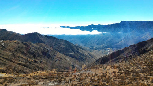 Scenic view of mountains against clear blue sky