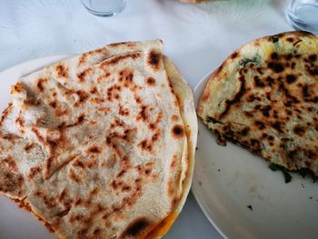 High angle view of breakfast served on table