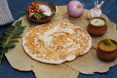 High angle view of breakfast served on table