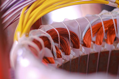 Close-up of metal cables on table