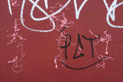 Close-up of red heart shape on white wall