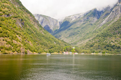 Scenic view of lake and mountains against sky