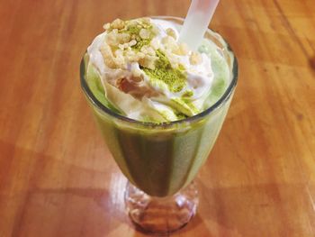 High angle view of ice cream in glass on table