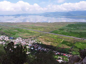 High angle view of townscape against sky