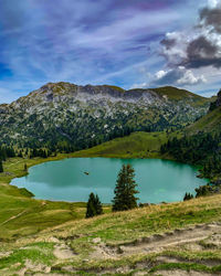 Scenic view of lake and mountains against sky