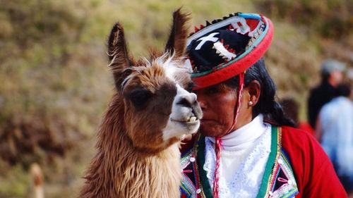 Woman in inca clothing standing by llama