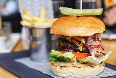 Close-up of burger in plate on table