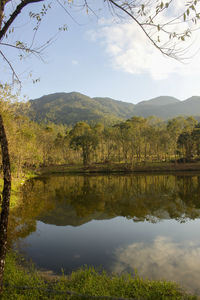 Scenic view of lake and mountains against sky