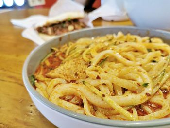 High angle view of noodles served in bowl