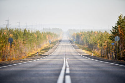 Surface level of road amidst trees against sky