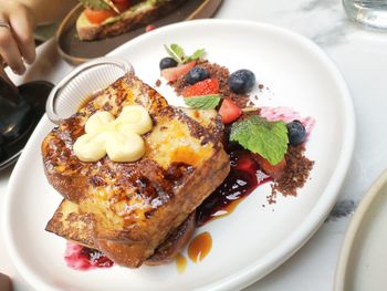 High angle view of breakfast served on table