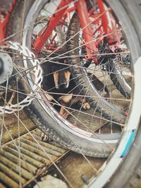 High angle view of broken bicycle wheel