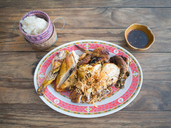 High angle view of breakfast served on table