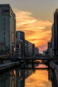 Bridge over river by buildings against sky during sunset