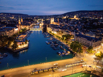 High angle view of city at night