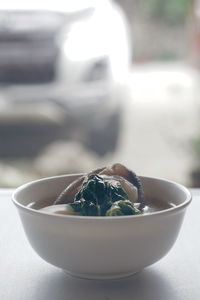 Close-up of soup in bowl on table