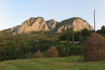 Scenic view of rocks on field against clear sky