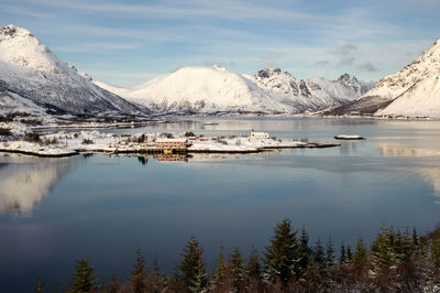 Scenic view of frozen lake against mountain range