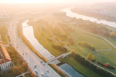 High angle view of road amidst field