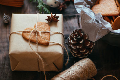 High angle view of christmas decorations on table