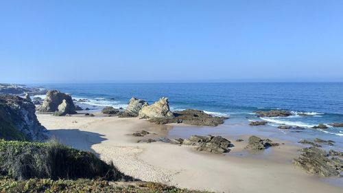 Scenic view of sea against clear blue sky