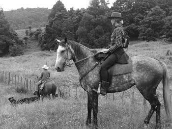 Full length of woman riding horse on field