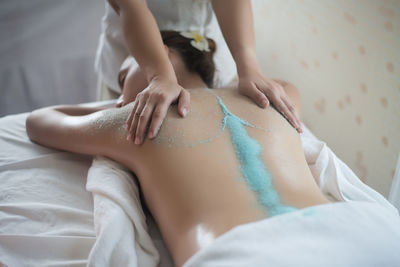 Midsection of therapist massaging young woman in spa