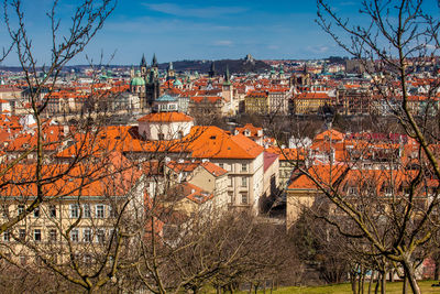 Charles bridge and prague city old town seen from petrin hill in a beautiful early spring day