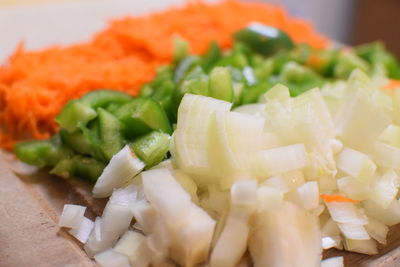 High angle view of chopped vegetables in plate