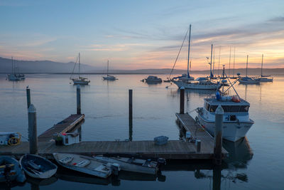 Boats moored in harbor at sunset