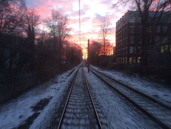 Railroad tracks amidst bare trees during winter